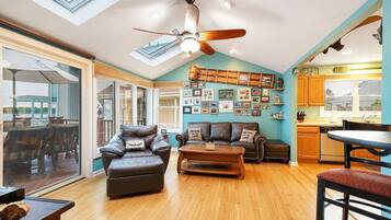 Smart TV, DVD player, foosball, books