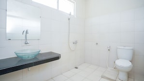 Een badkamer met een wastafel van glas, een spiegel, een douche en een toilet.