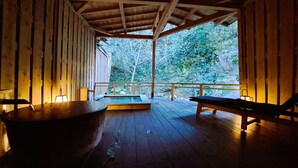 Luxury Room, River View, Corner (with Open-Air Bath, 105) | Bathroom | Separate tub and shower, free toiletries, hair dryer, towels - MIZUMARI (Kawazu)