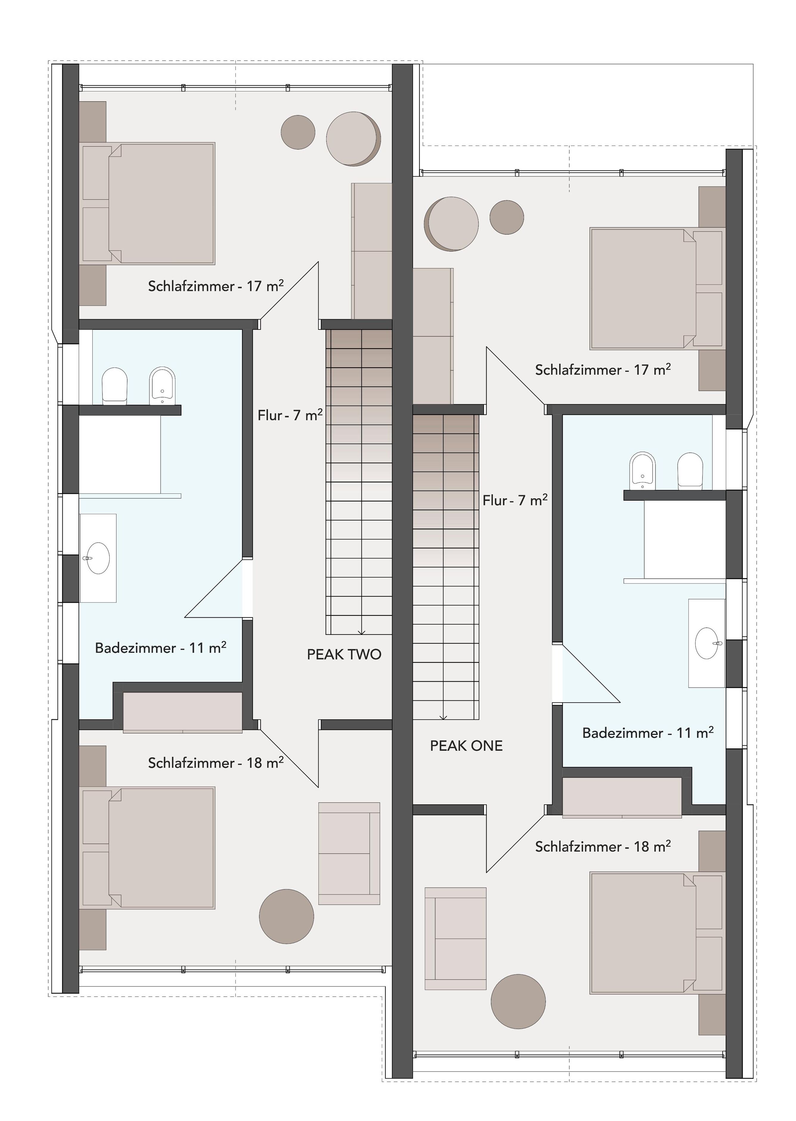 Un plan d’étage d’un hôtel comportant deux ailes, chacune comprenant une salle de bain, une chambre et un espace de vie.