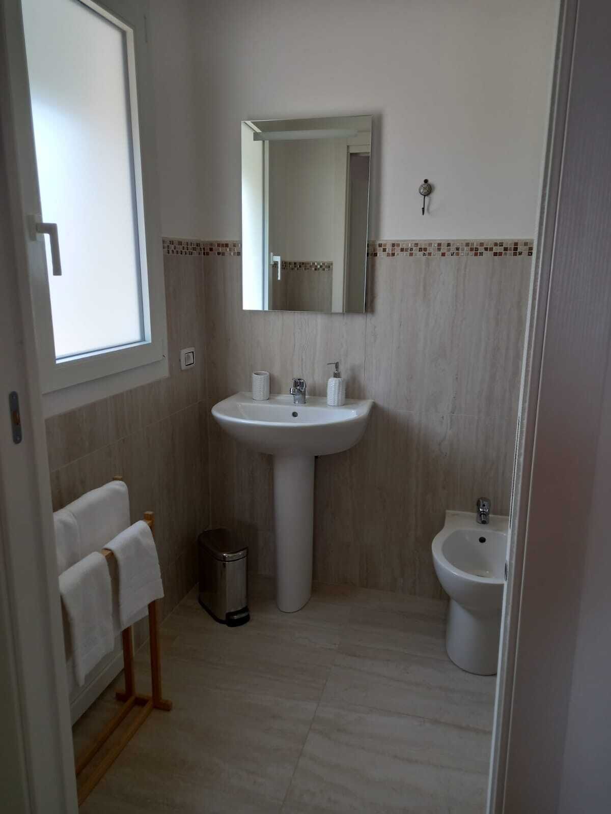 Une salle de bain avec un lavabo sur colonne, un miroir au-dessus, un bidet et une fenêtre avec un porte-serviettes.