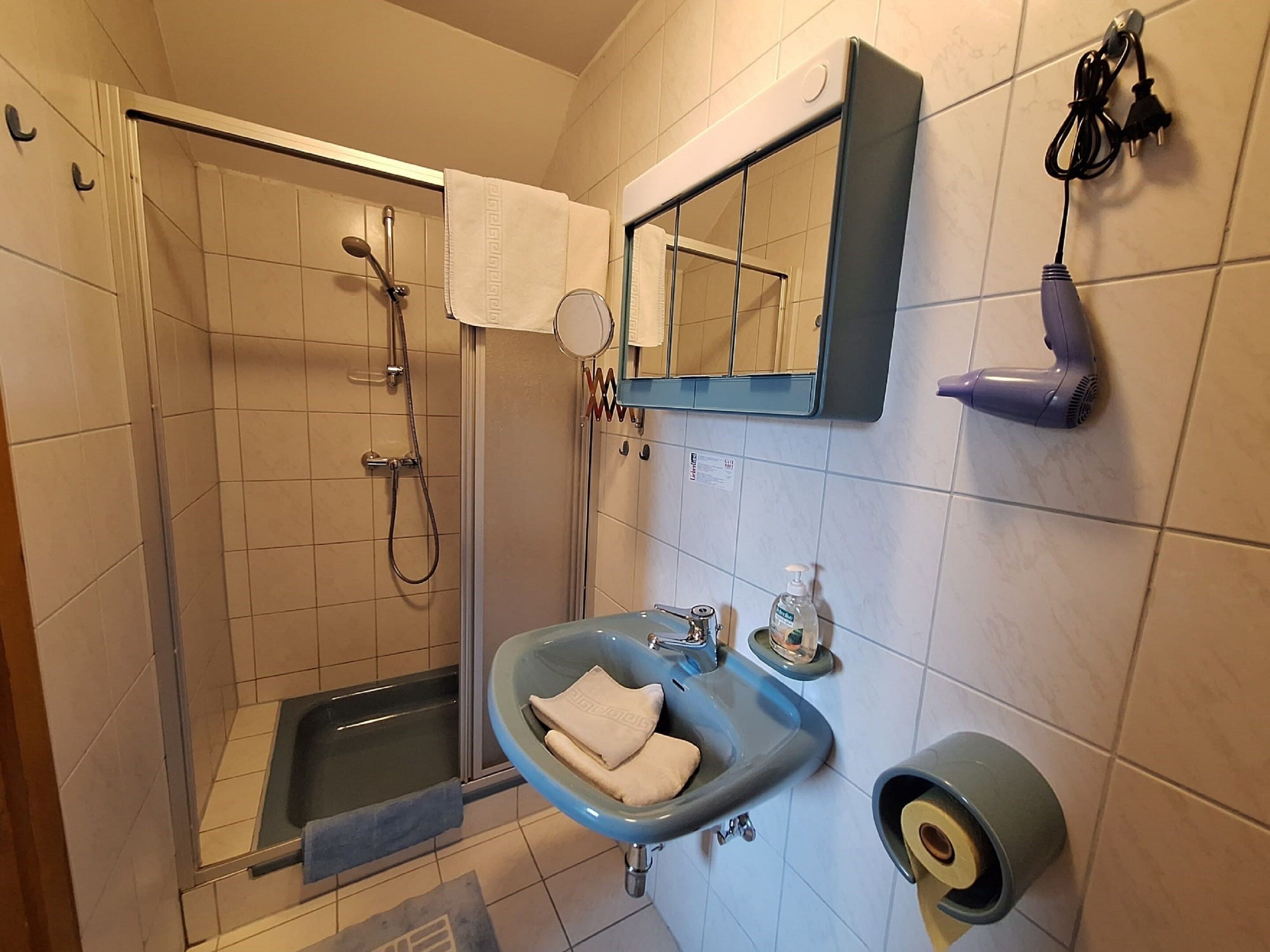 Ein Badezimmer mit Dusche, Waschbecken, Spiegel, Handtuch und Föhn.
