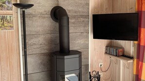 Una estufa de leña moderna con un televisor montado en la pared, un control remoto y un estante con DVD.