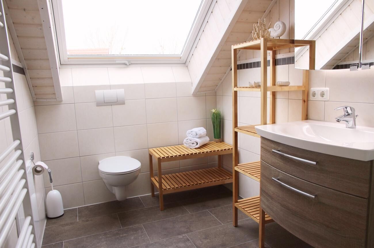 A modern bathroom with a skylight, a toilet, a wooden shelf unit, and a vanity with a sink.