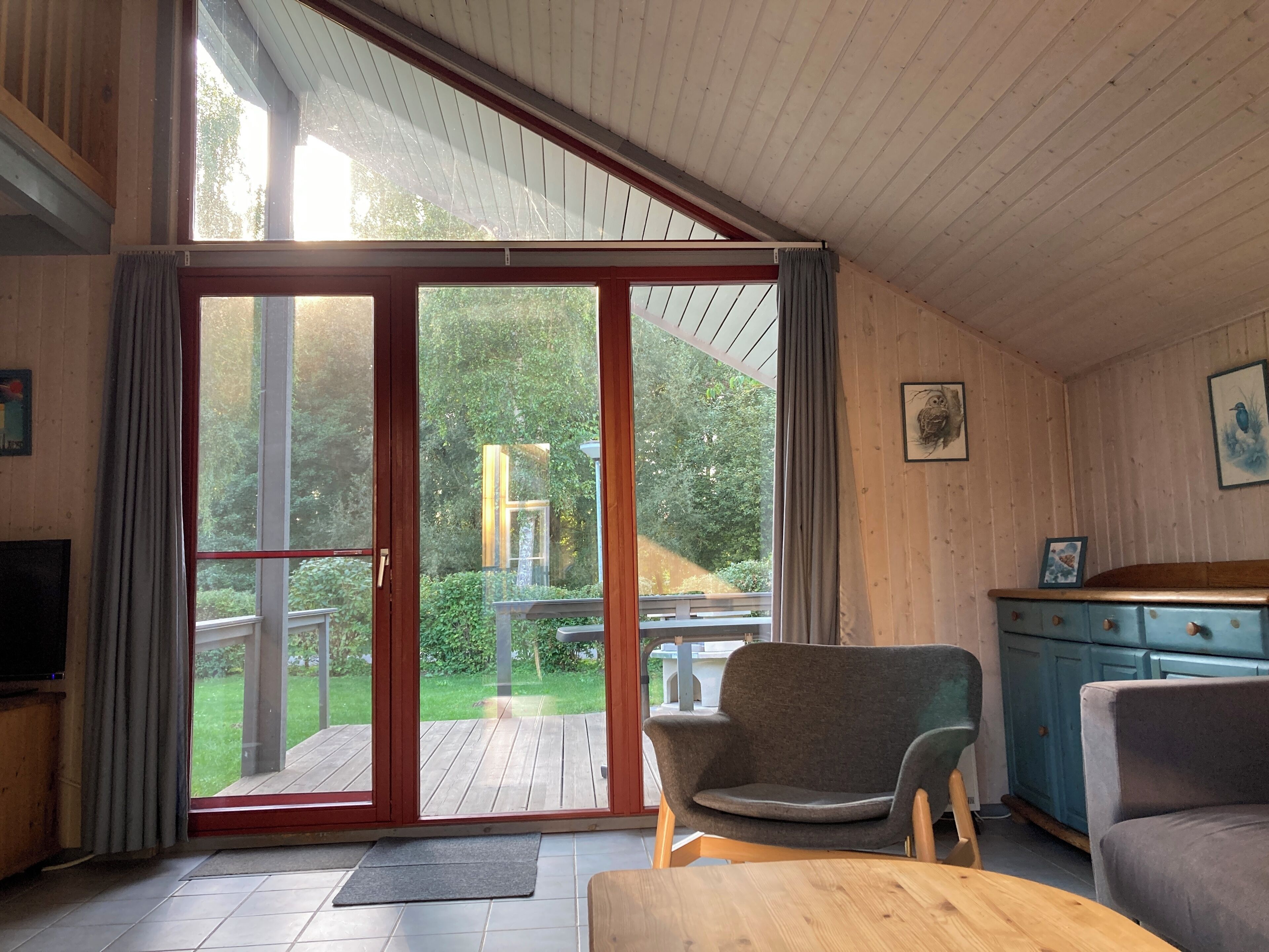 Televisión, chimenea, reproductor de DVD y estéreo 