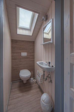 A narrow, single-room bathroom with a skylight, a toilet, a sink, and a mirror.