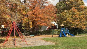 Un terrain de jeux avec une balançoire rouge et un toboggan bleu, entouré d’arbres aux feuilles d’automne.