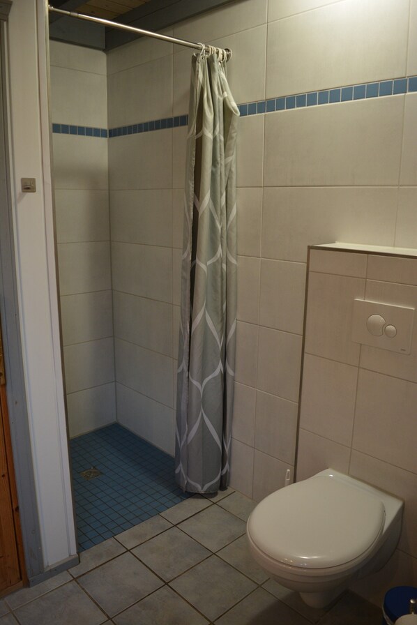 Un baño con ducha, inodoro y paredes de azulejos.