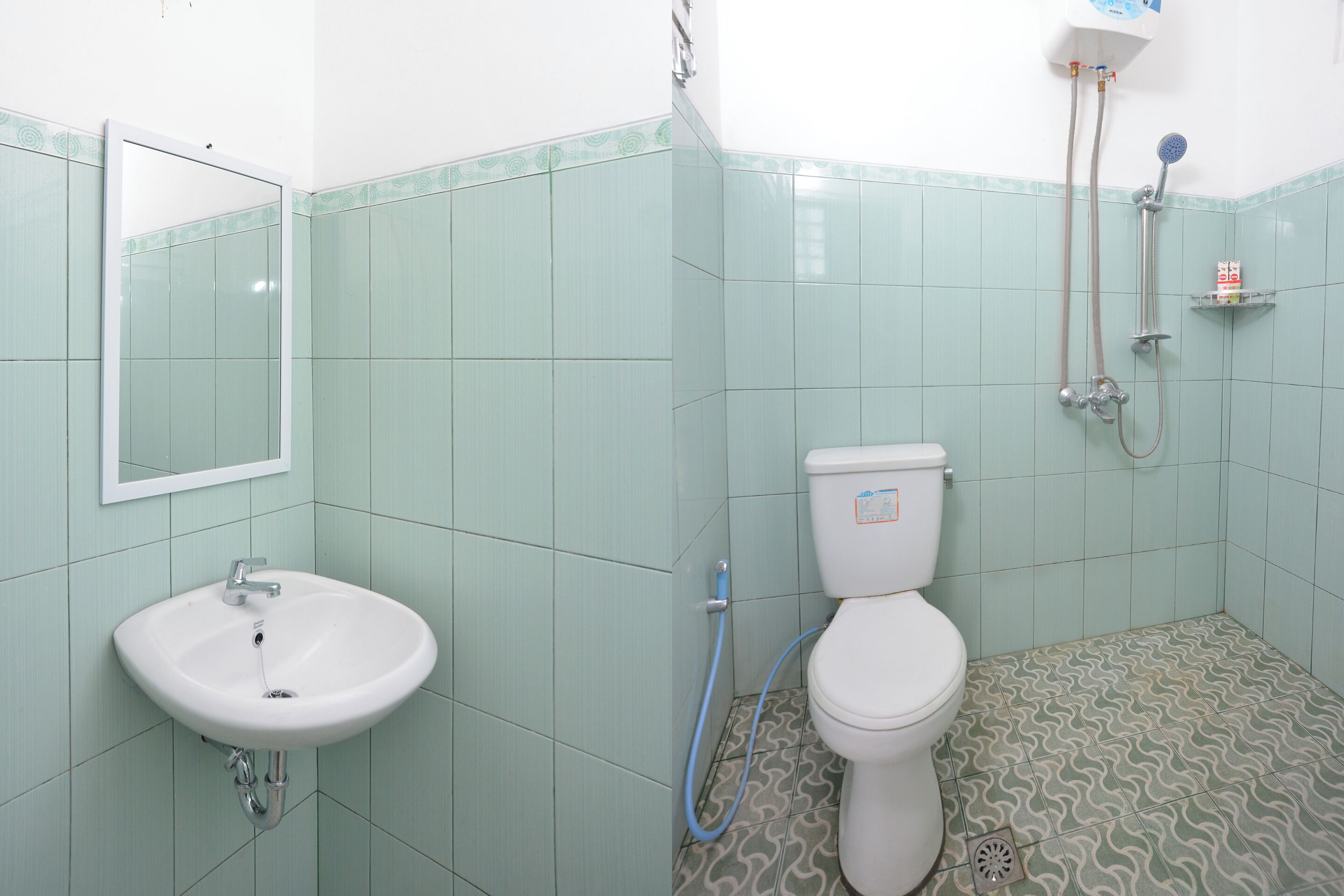 Une salle de bain avec un lavabo blanc, des toilettes et une douche.