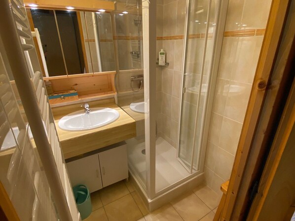 A bathroom with two sinks, a glass shower enclosure, and a mirror.
