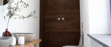A modern bathroom with a wooden vanity, a large stone basin, a white toilet, and a dark wooden shower enclosure.
