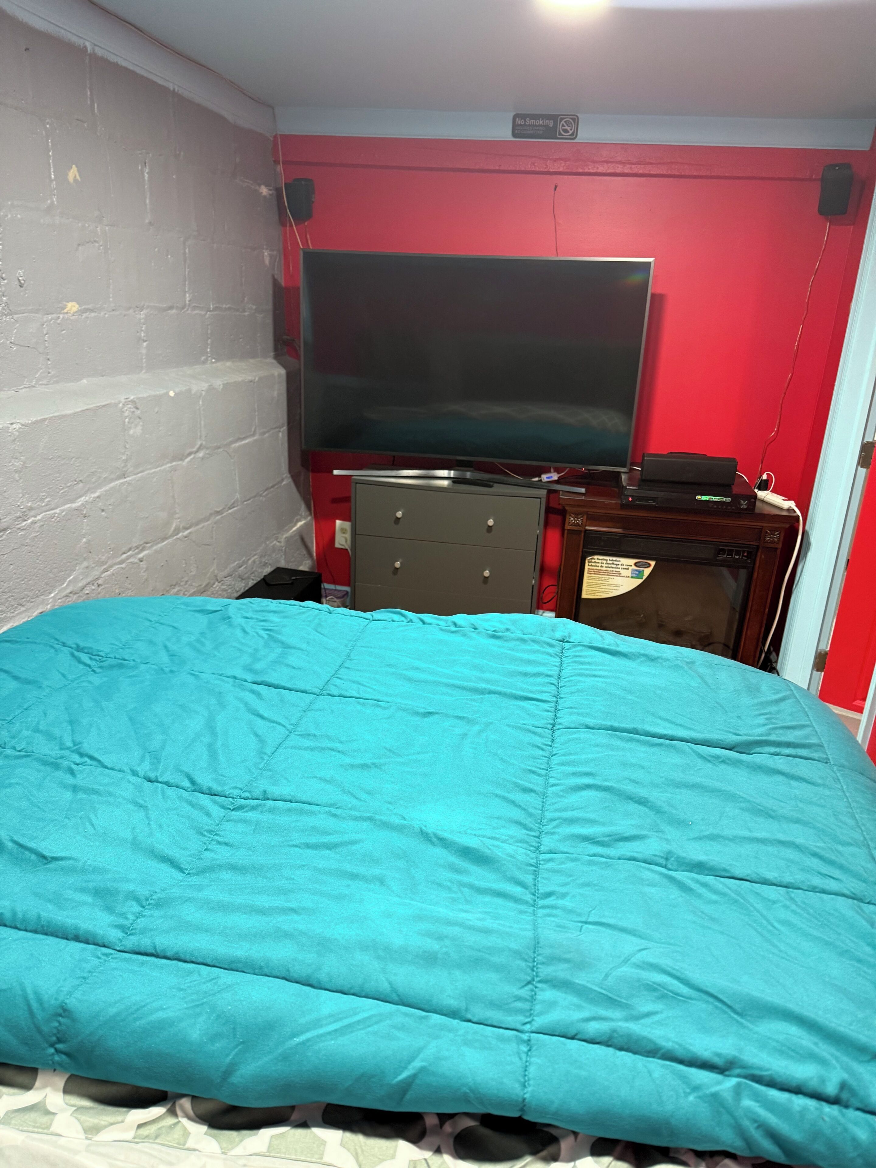 A room with a teal bed, a television, a small cabinet, and a red wall.