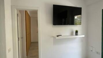 A hallway with a flat-screen TV mounted on the wall, a small shelf with a plant, and a door leading to another room.
