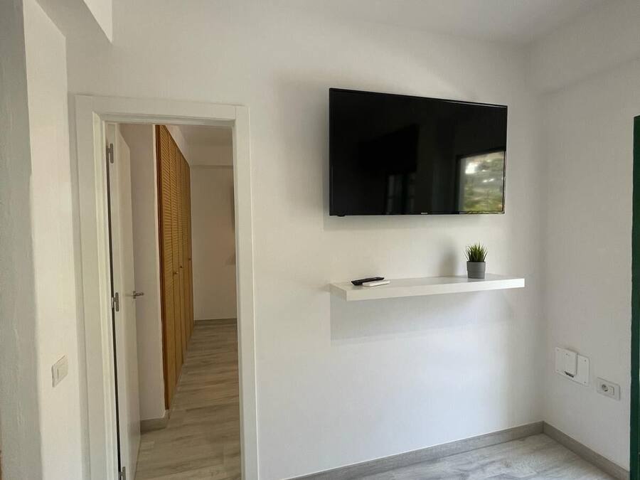 A hallway with a flat-screen TV mounted on the wall, a small shelf with a plant, and a door leading to another room.
