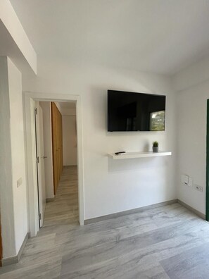 A hallway with a flat-screen TV mounted on the wall, a small shelf with a plant, and a door leading to another room.