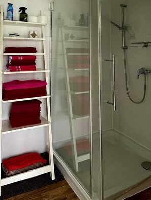 Hair dryer, towels, soap, toilet paper