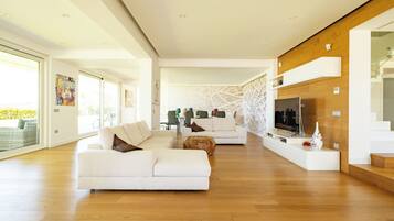 Smart-TV, Kamin, Bücher, Stereoanlage