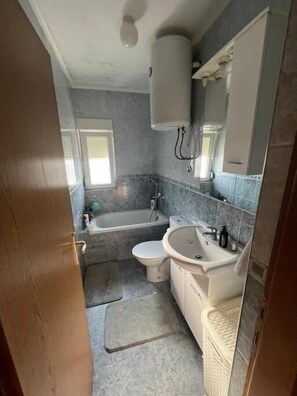 Hair dryer, towels, soap, toilet paper
