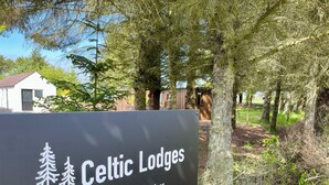 Schild für Celtic Lodges mit einem Logo von drei Bäumen.