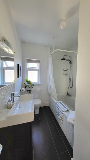 Hair dryer, towels, soap, toilet paper