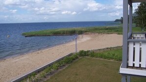 A beach view with a sandy shore, a grassy area, and a body of water.