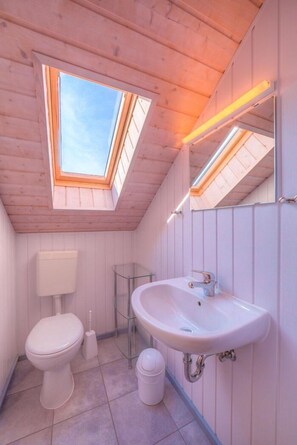 A small, compact bathroom with a skylight, a white toilet, a sink, and a mirror.