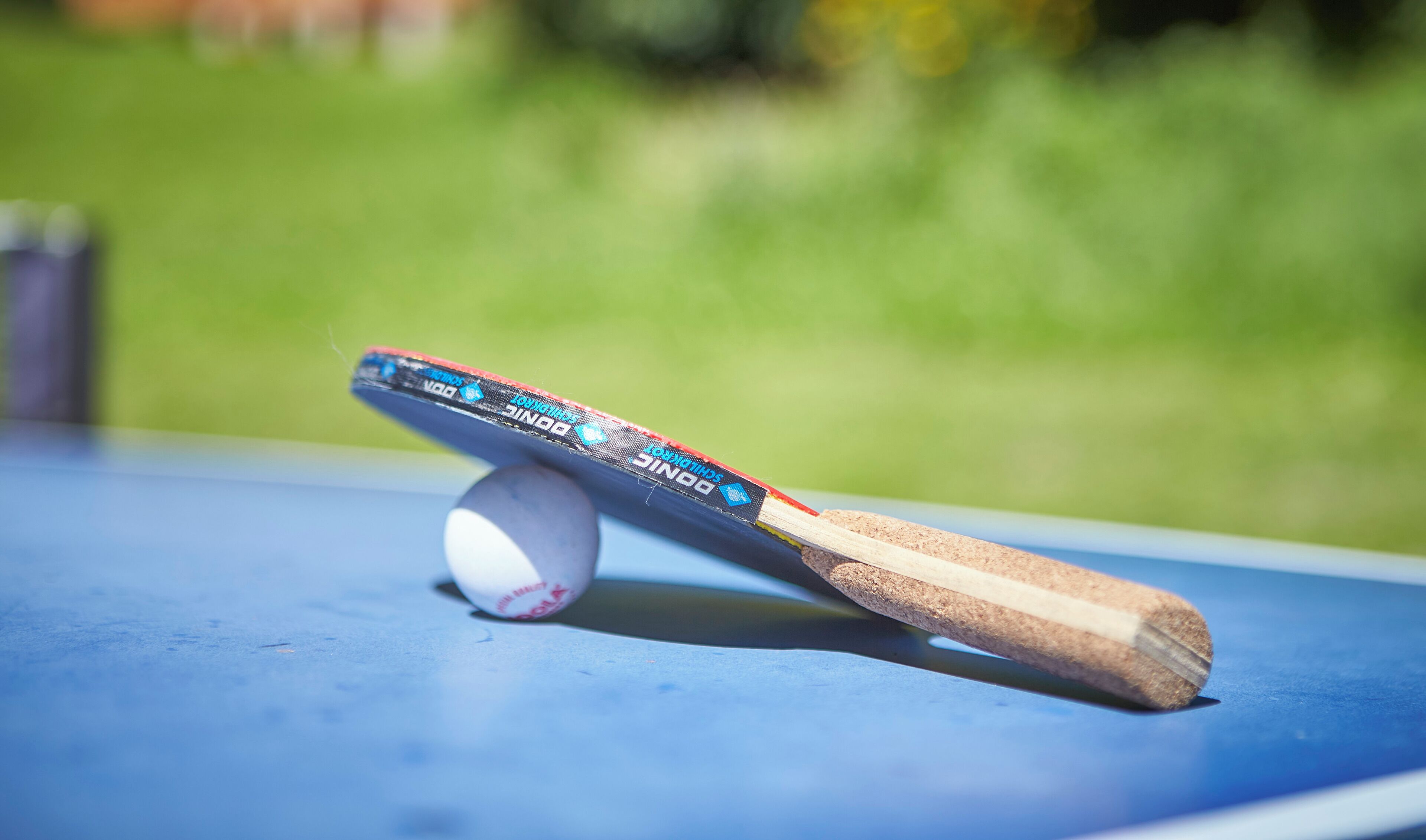 Een tafeltennisbat met een bal op een blauwe tafel.