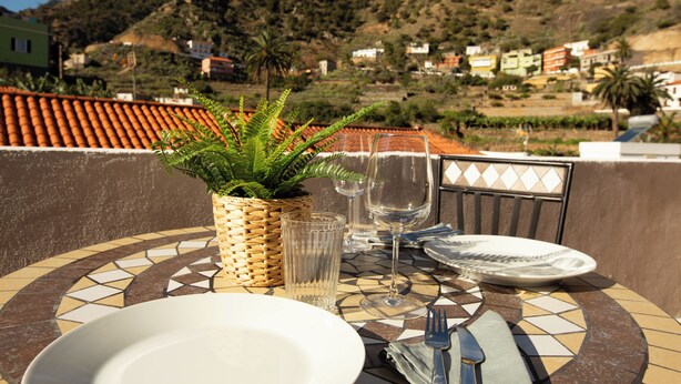 Una mesa de comedor con un patrón de baldosas, una planta en maceta y vistas a una colina con casas.