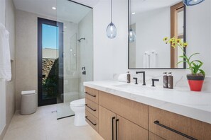 Un bagno moderno con box doccia in vetro, un water bianco e un mobile lavabo con specchio.