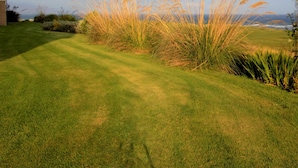 A well-maintained lawn with tall grasses and a clear view of the ocean in the background. - No 2 The Links Apartment Brora (Brora)