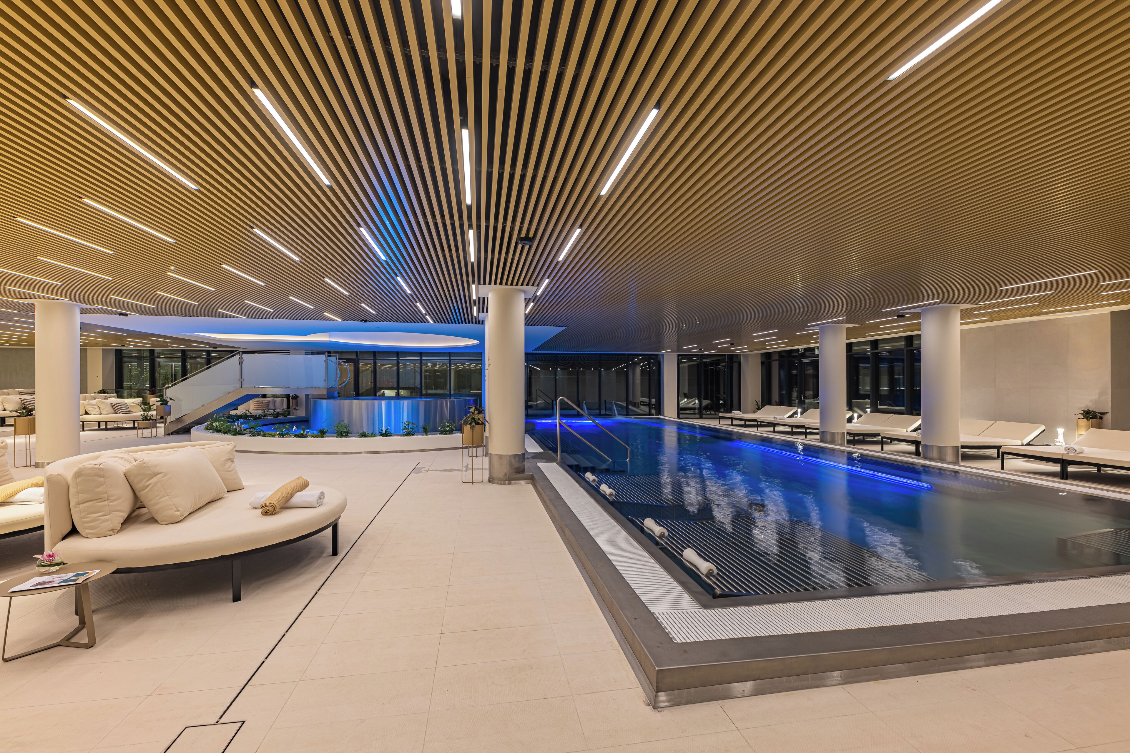 Indoor pool, outdoor pool, pool loungers