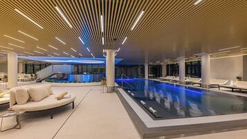 Indoor pool, outdoor pool, pool loungers