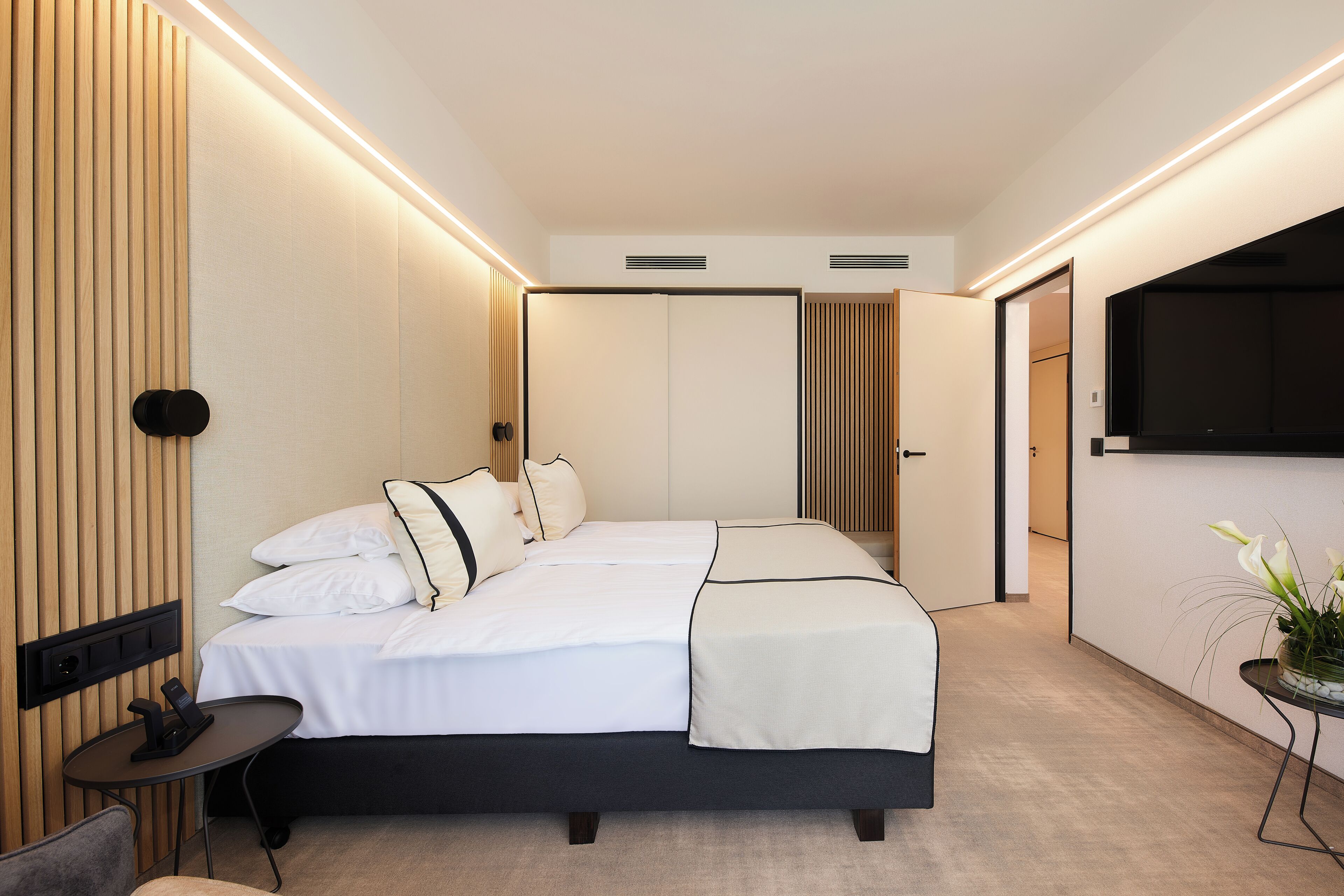 A modern hotel room with a large bed, bedside tables, a flat-screen TV, and a small side table with a plant.