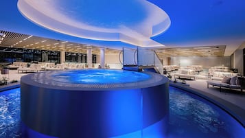 Indoor pool, outdoor pool, pool loungers