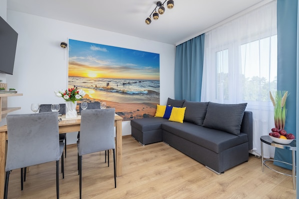 Apartment, 1 Bedroom, Terrace | Living area | 45-inch Smart TV with digital channels