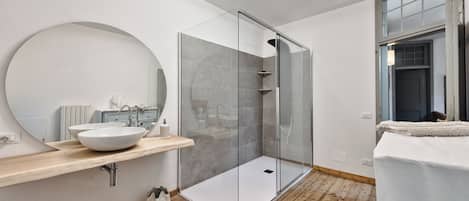Shower, hair dryer, bidet, towels