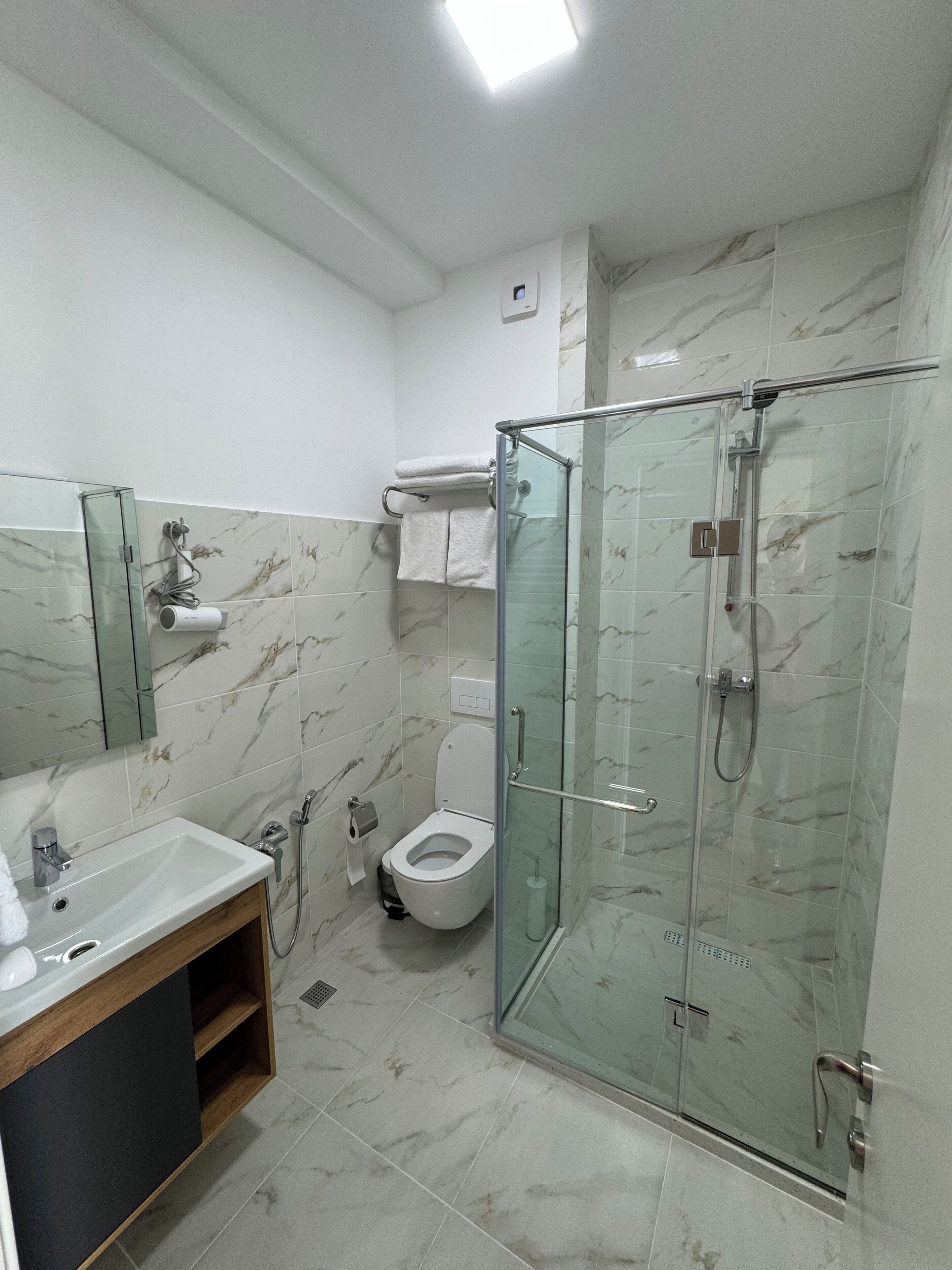 Une salle de bain moderne avec une douche à parois de verre, un lavabo blanc et des toilettes.