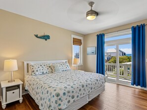 Primary Bedroom - King Bed, TV, Deck Access + Ensuite Bathroom - Shore Sounds Fun | Beach Views + Pet Friendly! (Surf City)