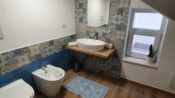 Shower, hair dryer, bidet, towels