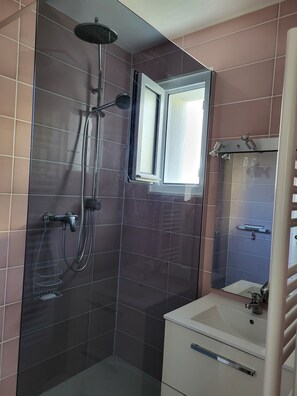 Douche, sèche-cheveux, savon, papier toilette