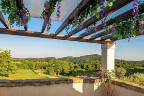 A wooden pergola with hanging purple flowers, a stone wall, and a view of green hills. - House Rea is ideal for a retreat in nature, close to the richness of Istria ! (buzet)