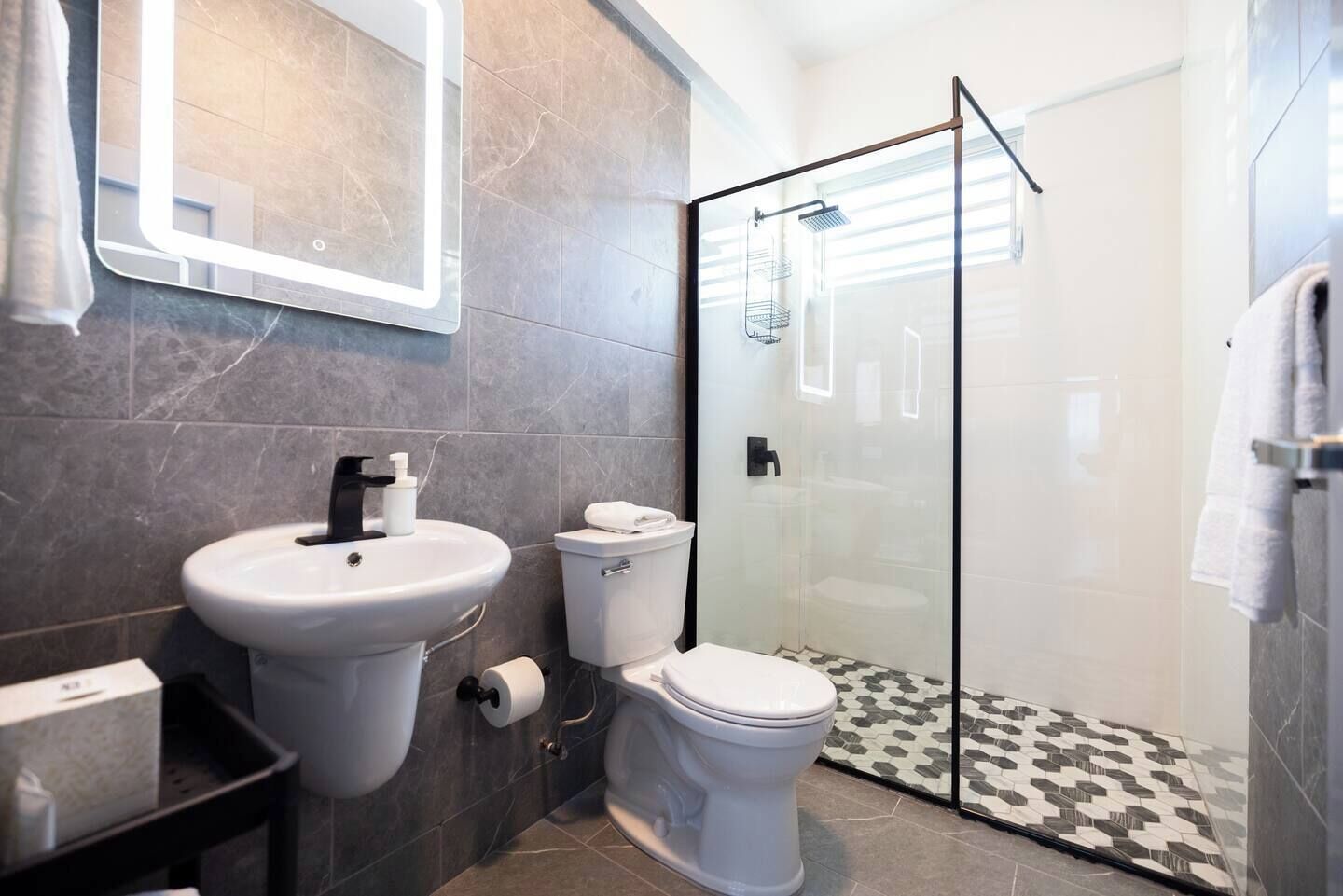 Shower, hair dryer, towels, soap