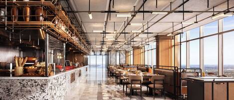 A modern restaurant with a long counter, high ceilings, and large windows offering a city view.