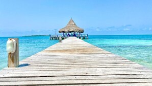 A wooden pier leading to a thatched-roof structure with blue railings, overlooking clear turquoise water. - Hotel Tintipan (Isla Tintipán)