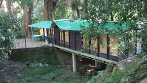 Uma cabana de madeira com telhado verde, um pequeno alpendre e um lago numa área arborizada.