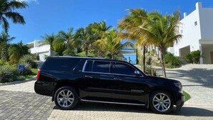 Un SUV negro estacionado en un camino pavimentado, con palmeras y un edificio blanco al fondo.
