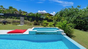 A swimming pool with a red cushion, surrounded by lush greenery and a clear blue sky.