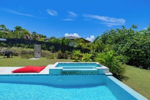 Une piscine avec un coussin rouge, entourée d’une végétation luxuriante et sous un ciel bleu clair.