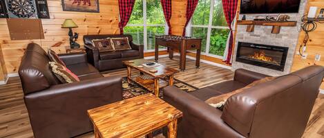 TV, fireplace, foosball