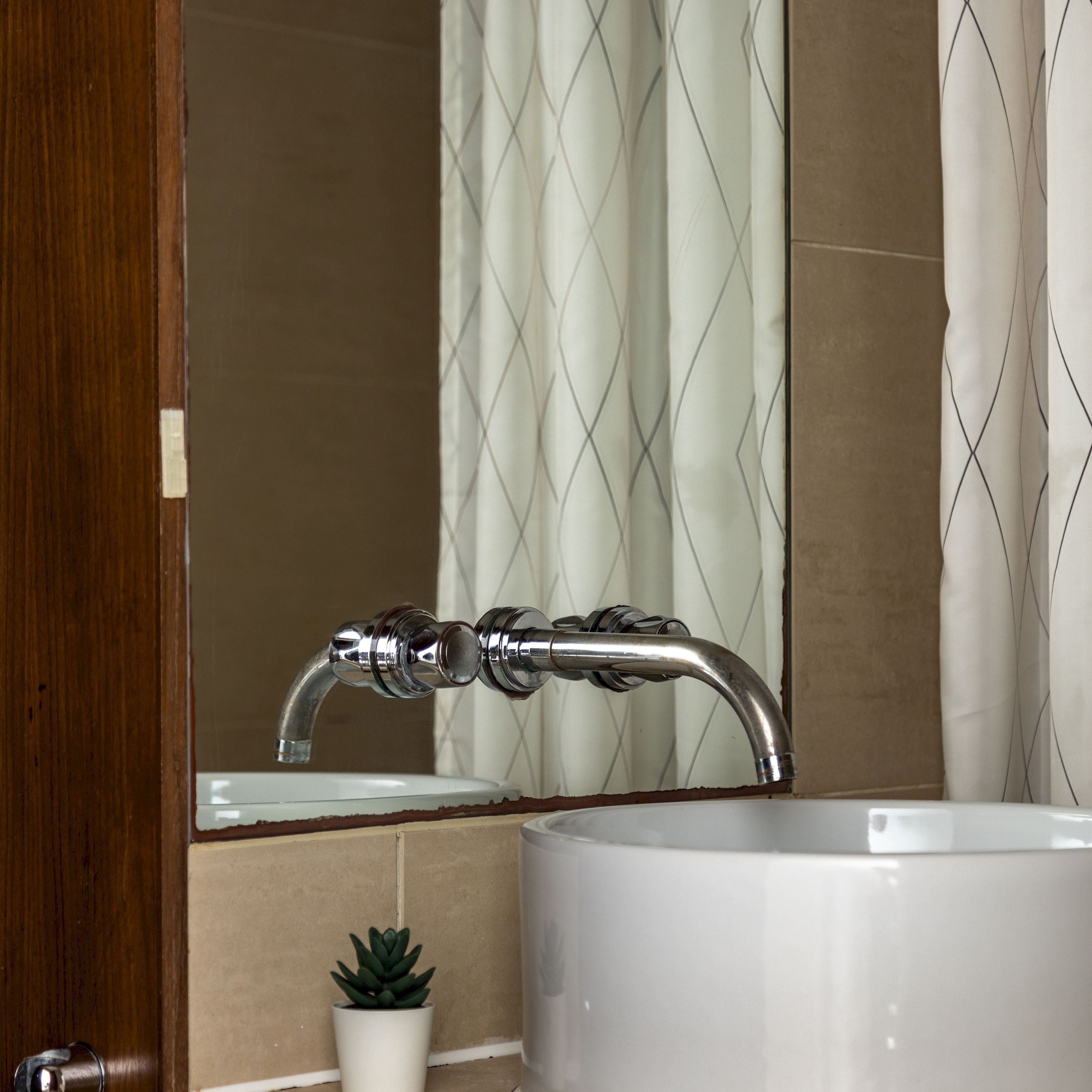 A bathroom with a white sink, a chrome faucet, and a small potted plant.
